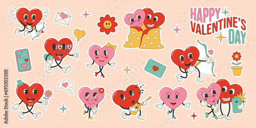Cartoon heart shaped character in retro groovy style.Set of stickers for Valentine's day. 70s, 80s.Vector stock illustration.