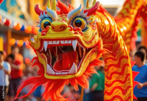 Chinese New Year festival. Dragon year. Chinese dragon dance with mask, mascot. Traditional culture, festival, celebration, carousel, carousel, greeting