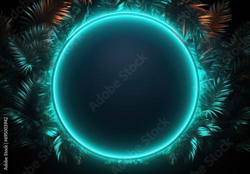 Futuristic neon portal among tropical palm trees on a serene beach under a starry night sky