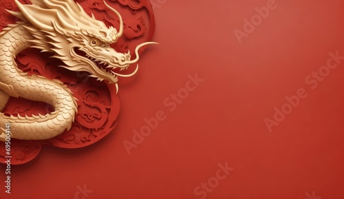 Concept of Chinese New Year 2024 dragon year. Texture, figure of a wooden dragon animal on a red background. Copy space for text, advertising, banner, message