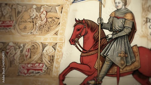 Medieval knight in armor riding a horse with a blue flag. Old manuscript with an icon and symbols on vintage paper for a historic fairy tale photo