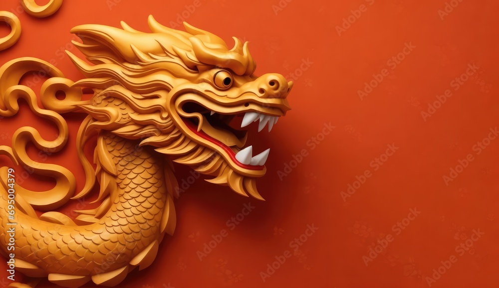 Concept of Chinese New Year 2024 dragon year. Texture, figure of a wooden dragon animal on a red background. Copy space for text, advertising, banner, message Concept of Chinese New Year 2024 dragon year. Texture, figure of a wooden dragon animal on a red background. Copy space for text, advertising, banner, message