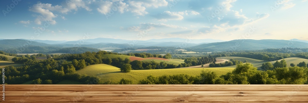 A Wooden Platform overlooking Beautiful agriculture farm Scenery, Serene view, mockup with copy space, harvest, Farming, Growing