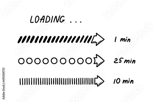 Set of doodle loading bars. Sketch download progress vector illustration, Upload status indicator. Computer user interface design element.