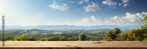 A Wooden Platform overlooking Beautiful agriculture farm Scenery  Serene view  mockup with copy space  harvest  Farming  Growing