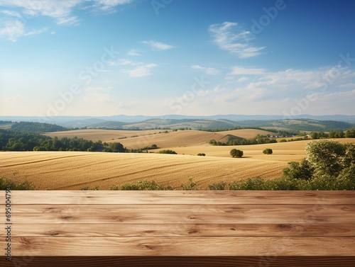 A Wooden Platform overlooking Beautiful agriculture farm Scenery  Serene view  mockup with copy space  harvest  Farming  Growing