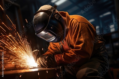 Welder expert with helmet protection working on a metal structure in industrial factory.