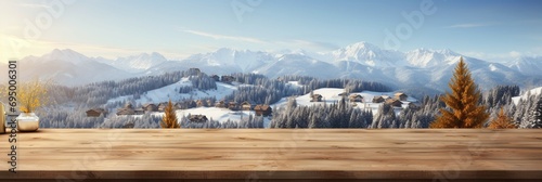 A Wooden Platform overlooking Beautiful rural snow village Scenery, Serene view, mockup with copy space, Countryside Landscape