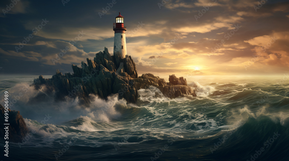  A lighthouse on a rock in the middle of the ocean 