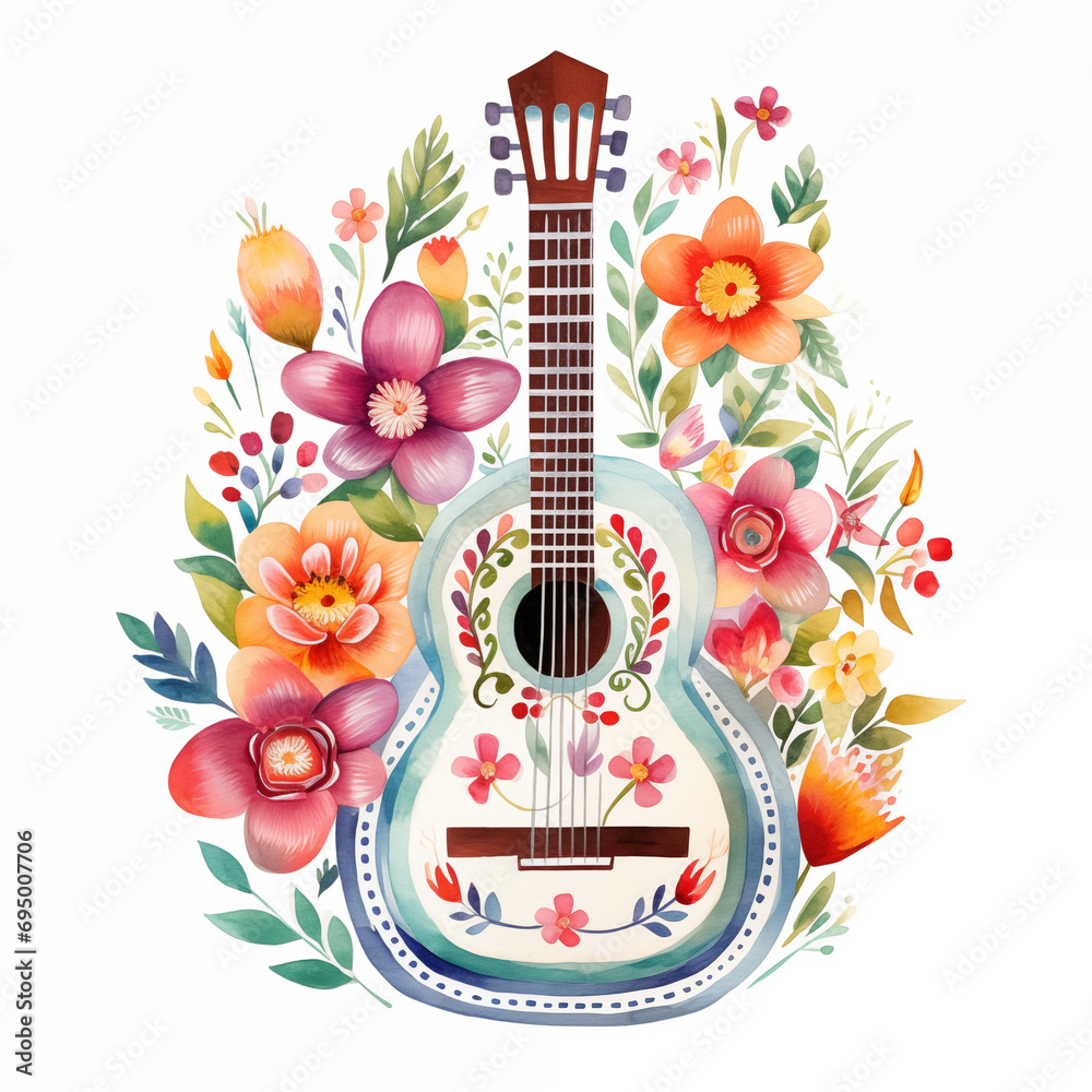 Cinco de Mayo. Guitar: Abstract Mexican Vihuela with Flowers. Watercolour Illustration Isolated on White in Mexican Carnival Style.