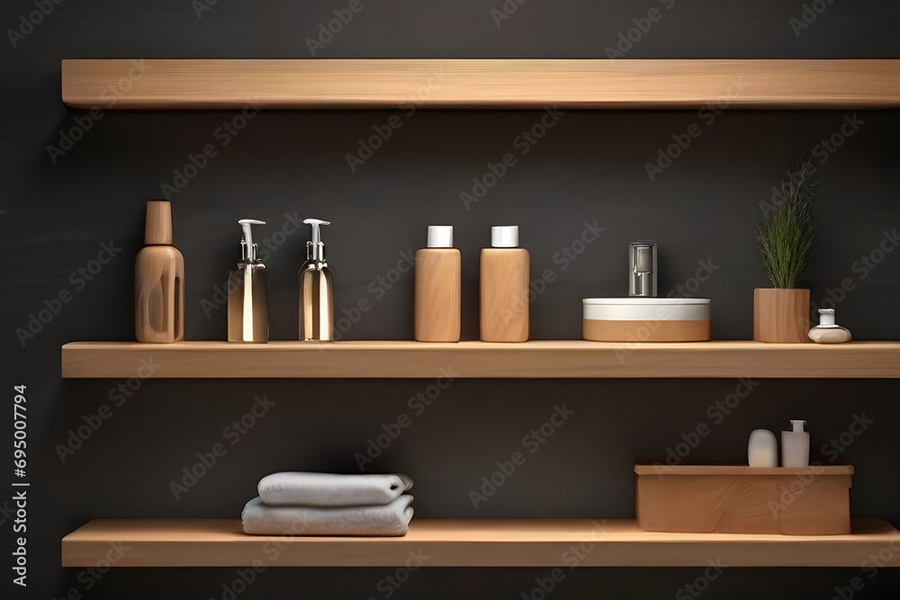 shelf made of light wood on a dark background shelf made of light wood on a dark background