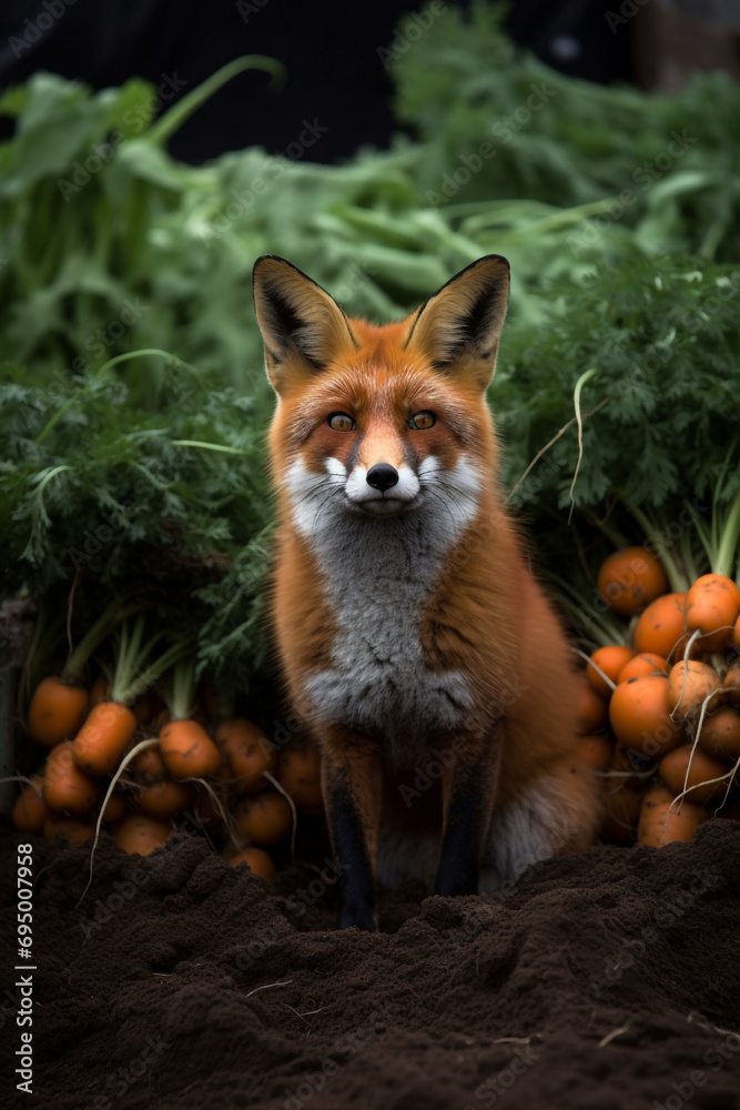 Fototapeta premium fox and many carrots created with Generative Ai