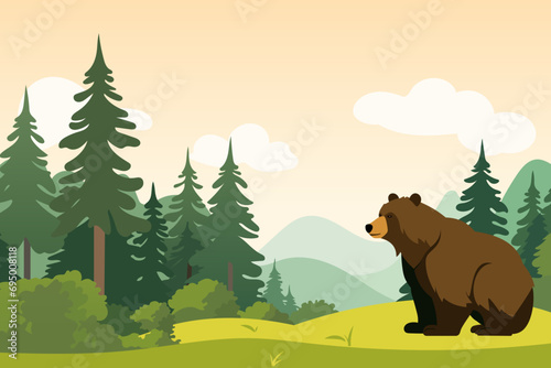 Bear in a beautiful forest against the background of mountains. Simple flat vector illustration of a bear in the forest in cartoon style. photo