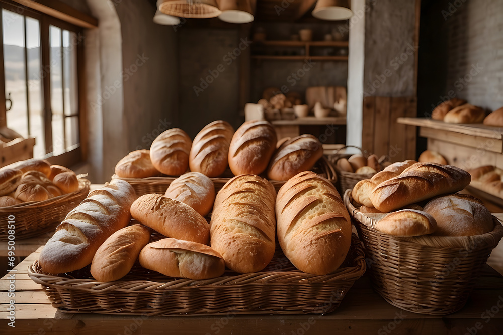 Assortment of freshly baked breads in wicker baskets on a wooden table
