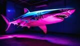 Shark with neon pink and purple lighting in the style of studio photography textures and patterns.