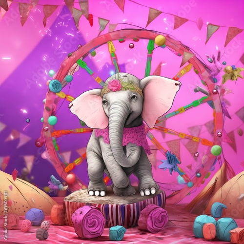 Elephant on the floor. Elephant riding on a cart with balloons in the background. photo