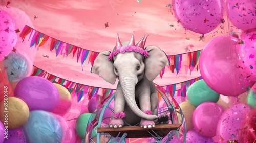 Elephant in the park. Elephant riding on a cart with balloons in the background. photo