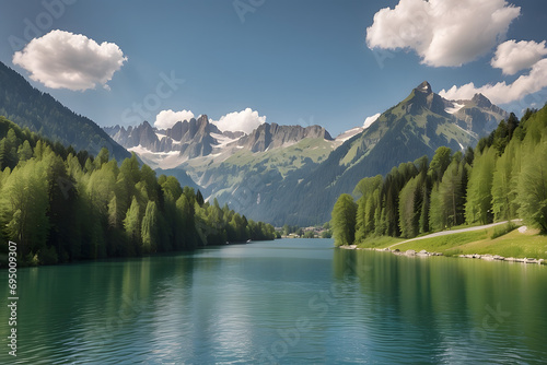 A lake view with alps and green forests in the background on a summer day in Switzerland