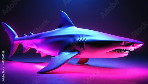 Shark with neon pink and purple lighting in the style of studio photography textures and patterns.
