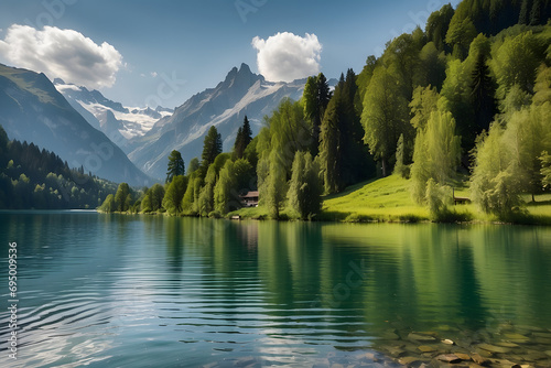 A lake view with alps and green forests in the background on a summer day in Switzerland