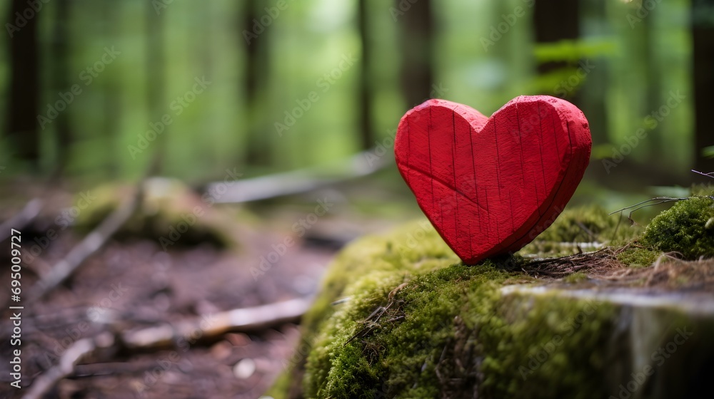 Close up of a red wooden Heart in a calm Forest. Blurred natural Background Close up of a red wooden Heart in a calm Forest. Blurred natural Background