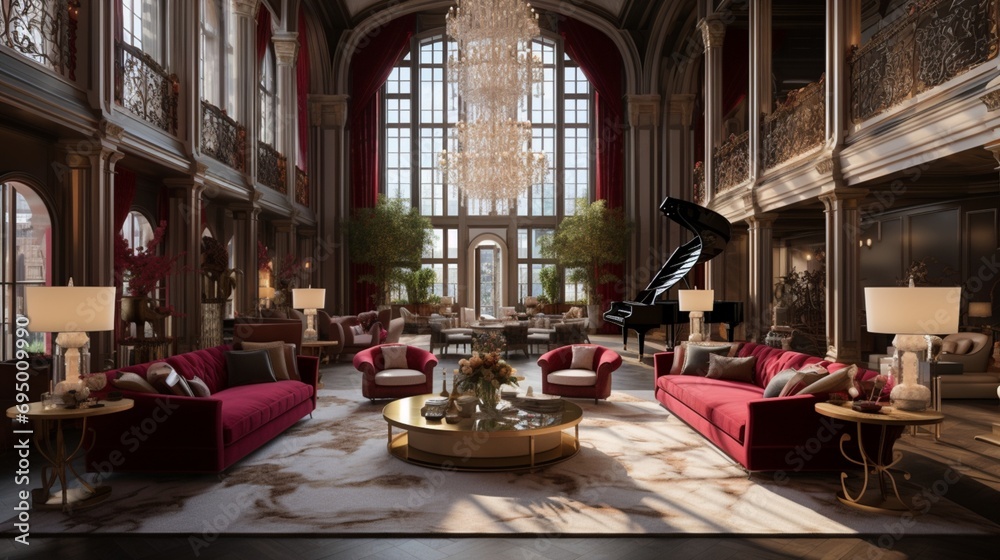 The panoramic view of the Royal Velvet Sanctuary's grand living space, featuring high ceilings, regal drapes, and a harmonious color palette that adds to the overall sense of royal opulence.