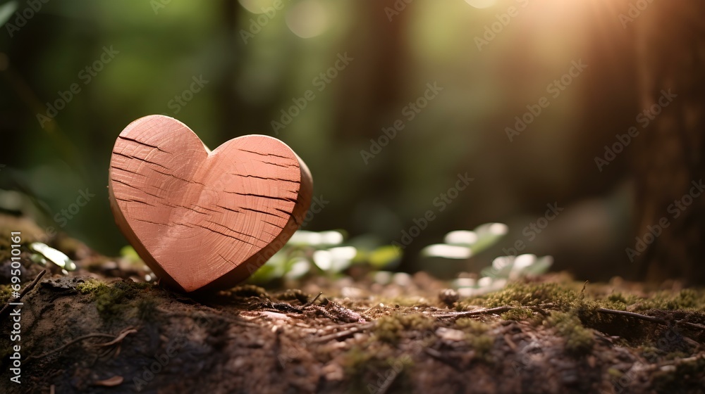 Fototapeta premium Close up of a rose gold wooden Heart in a calm Forest. Blurred natural Background