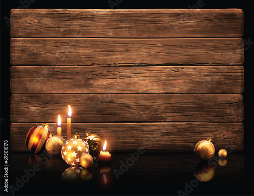 Christmas design with balls and candles on a reflective surface. Highly realistic illustration.