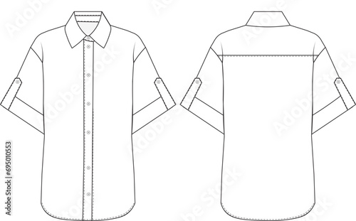 short sleeve oversized hawaii shirt templaate technical drawing flat sketch cad mockup fashion design woman model style