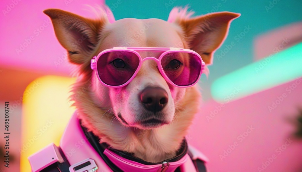 Shot of vaporwave fashion dog in miami.
