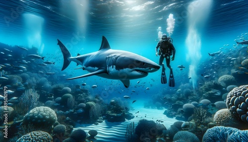 Underwater photo  diving with great white shark  animal and wildlife background  wallpaper