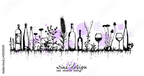 Black wine designs with colorful wine splashes - collection of wine glasses and bottles. Sketch vector illustration with grasses. Wine elements for invitation cards, advertising banners and menus.