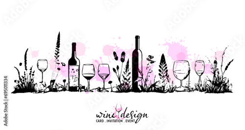 Black wine designs with colorful wine splashes - collection of wine glasses and bottles. Sketch vector illustration with grasses. Wine elements for invitation cards, advertising banners and menus.
