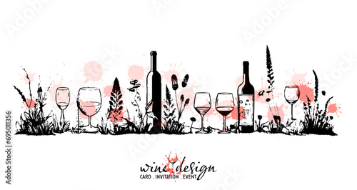 Black wine designs with colorful wine splashes - collection of wine glasses and bottles. Sketch vector illustration with grasses. Wine elements for invitation cards, advertising banners and menus.