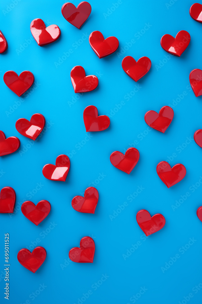 Red ceramic hearts on blue background. Valentine's Day background. Red ceramic hearts on blue background. Valentine's Day background.