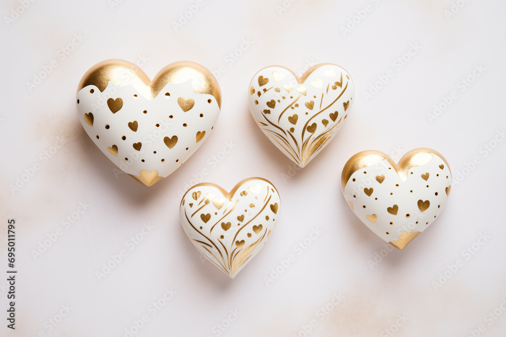 White and gold hearts on white background, Valentine's Day love symbols, ceramic hearts White and gold hearts on white background, Valentine's Day love symbols, ceramic hearts