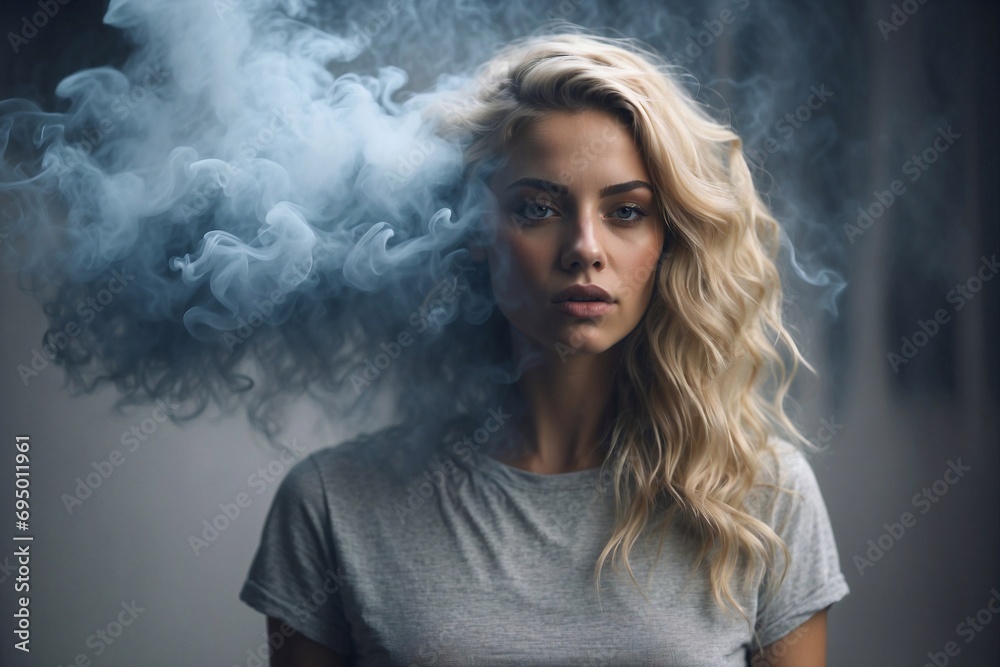 Blonde Woman in Blue Mist, Portraying Mystery and Timeless Charm