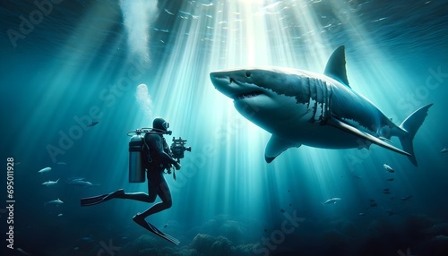 Underwater photo, diving with great white shark, animal and wildlife background, wallpaper