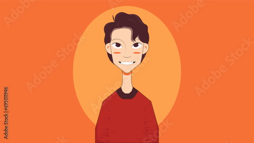 Cute boy cartoon. Cartoon teenager, brunette, in a red sweater, on an orange background