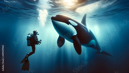 Underwater photo, diving with orca killer whale, animal and wildlife background, wallpaper