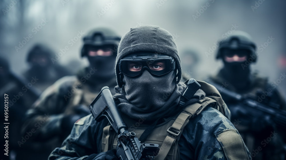 Fully Equipped Soldiers Moving Through Forest with Rifle Ready To Shoot. Reconnaissance Military Operation. war concept Fully Equipped Soldiers Moving Through Forest with Rifle Ready To Shoot. Reconnaissance Military Operation. war concept