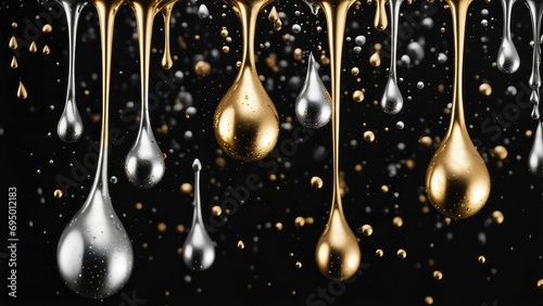 Drops of gold paint on black paint. Background black paint on a white background with golden drops of paint