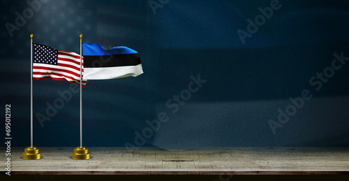 Estonia and USA flag wave on dark background. digital illustration for national activity or social media content. photo