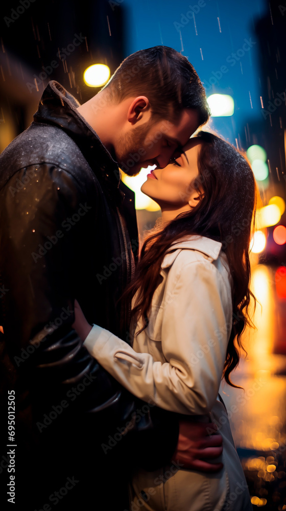 Romantic couple kissing in the rain at night, Concept of love, dating and Valentines day.
