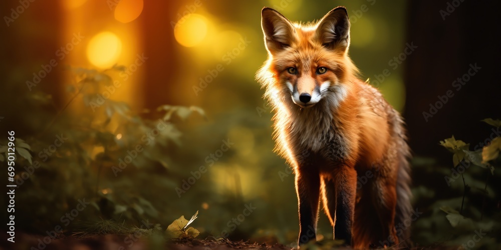 Fototapeta premium In the forest's hush, a fox's gaze captures the fading light.