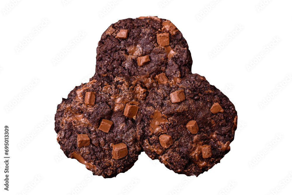 Delicious fresh oatmeal round cookies with chocolate on a black ceramic plate Delicious fresh oatmeal round cookies with chocolate on a black ceramic plate