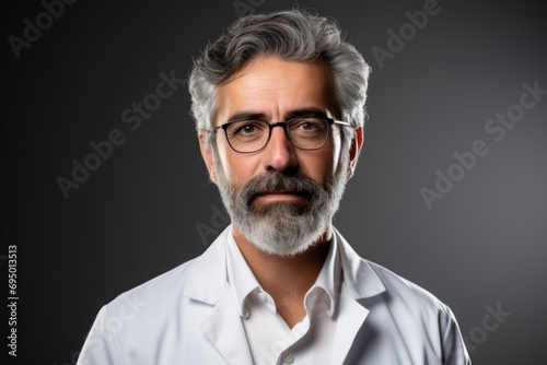 Experienced Medical Professional: Silver-Haired Doctor with Glasses and a Focused Gaze