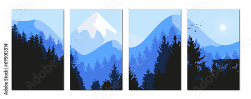 Vector flat posters. Landscape with misty forest, distant mountains, dawn and birds. Drawing in blue tones. Ideal for textile design, screensavers, covers, cards, invitations and posters.