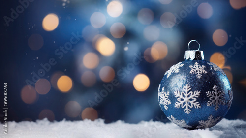 Blue Christmas ball with snowflakes pattern on blurred background of bokeh lights, Copy space