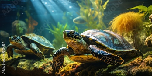 Group of turtles enjoys their aquatic home, basking under a dappled light. © Omtuanmuda